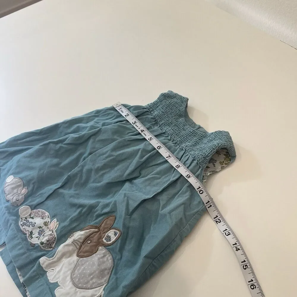 Baby Boden 6-12 Months Blue Corduroy Bunny Dress Floral Linings Jumper Smocked